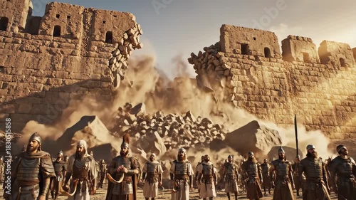 Impressive ancient wall collapsing under siege by army. Ancient wall shows massive destruction and crumbling stones after attack, illustrating historical conflict.