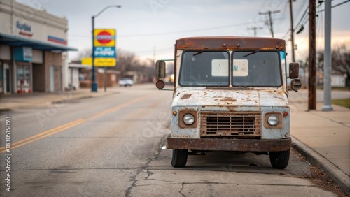 Fototapeta Naklejka Na Ścianę i Meble -  Petroleum price small business concept. Abandoned food truck parked on a quiet street, showcasing peeling paint and a nostalgic vibe.