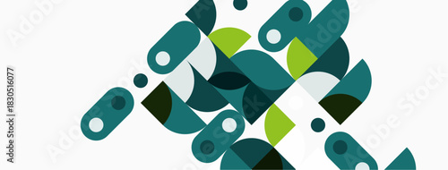 Abstract geometric shapes overlap, creating dynamic composition. Teal, green, white dominate design. Minimalist style, modern aesthetic.