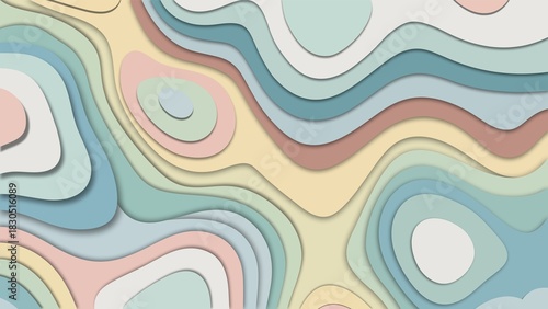 Abstract layered paper cut topographic map background in pastel color