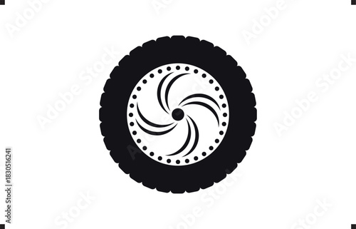 Black rubber wheel tire design. Wheel tires. Car tire tread tracks, Mini Van racing wheel mascot design. Tires road maintenance vector automobile. Auto Van wheel tyre. Vector illustration rim design