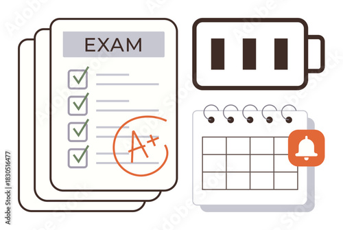 Exam paper with a checklist and A grade, full battery symbol, and a calendar with a reminder bell. Ideal for education, time management, productivity, goal setting, deadlines, achievements study