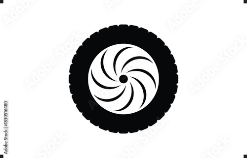 Black rubber wheel tire design. Wheel tires. Car tire tread tracks, Mini Van racing wheel mascot design. Tires road maintenance vector automobile. Auto Van wheel tyre. Vector illustration rim design