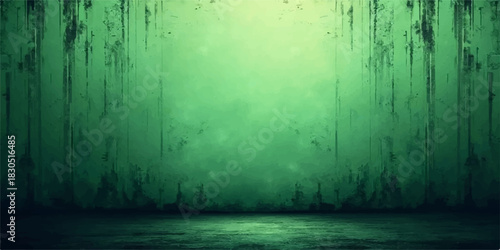 Abstract green grunge background with spotlight and textured floor