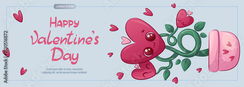 Horizontal banner for Valentine's Day. Cute love flower in a pot. A cute character. Vector illustration for posters, banners, advertisements, flyers