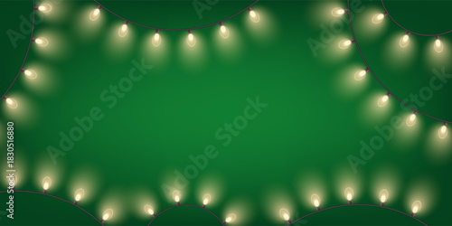 Christmas fairy lights green background with festive yellow light bulb garlands and copy space. Realistic vector illustration.