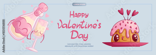 Horizontal banner for Valentine's Day. Cute cupcake, bottle and glass of champagne. A smiling character. Vector illustration for posters, banners, advertisements, flyers