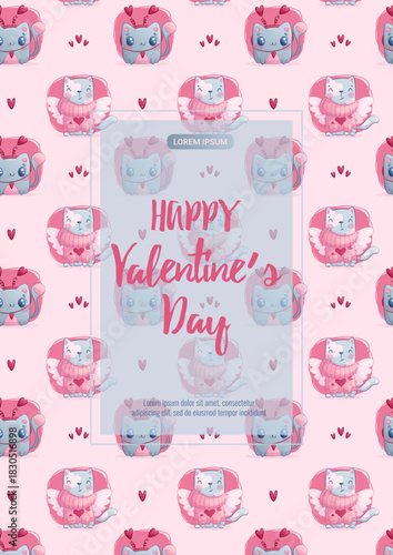 A design template for greeting cards for Valentine's Day. Cute cats. Vector illustration for the design of a postcard, invitation card, poster, banner