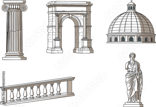  Elegant Classical Architecture Icon Set, Detailed Line Art, Greek & Roman Elements, Isolated.