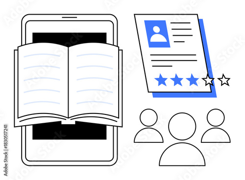 Open book on tablet, profile with star ratings, and group of people symbolize e-learning, user feedback, recruitment, knowledge sharing, education, teamwork leadership development. Ideal for simple