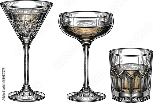 77 - Original name(s): Elegant Cocktail Classics Ornate Woodcut Engraved Glassware Vector Illustration Set.