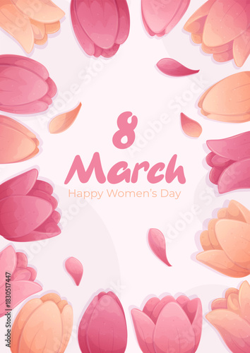 Template design for greeting cards for International Women's Day. March 8th. The buds are delicate tulips. Vector illustration for the design of postcards, invitation cards, posters, banners