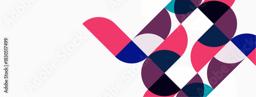 Abstract geometric shapes overlap, creating vibrant visual pattern. Pink, blue, purple hues dominate white background. Modern design.