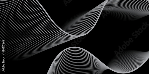 Futuristic perspective grid box. Abstract wireframe with white grid line on black background. abstract wavy lines background.