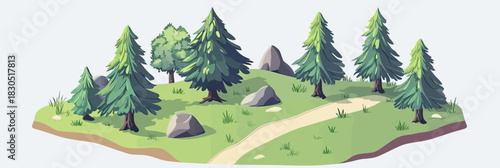 Isometric forest landscape with fir trees rocks green grass walking path minimalist flat vector illustration nature reserve map concept