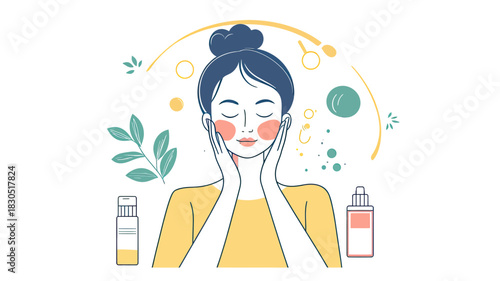 Woman Facial Massage Applying Skincare Serum Oil Beauty Routine with Cosmetic Bottles Minimalist Vector Illustration