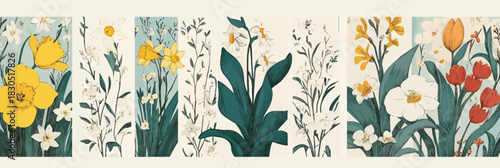 Vintage botanical floral illustrations featuring daffodils narcissus tulips leaves and wildflowers on textured paper background in minimalist flat vector style