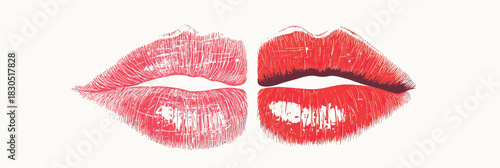 Vector illustration of two detailed red lipstick kiss marks with texture and gloss effects on white background isolated layout design for romantic or beauty concepts