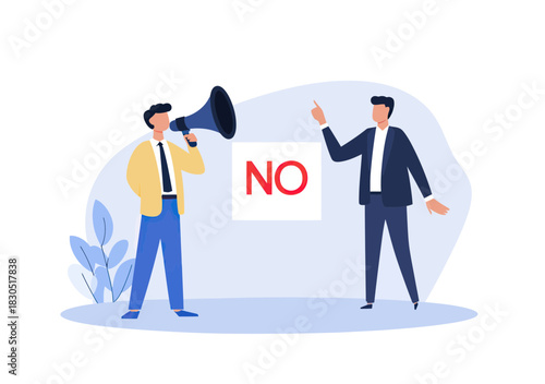 Businessman using megaphone to say no to coworker in formal suit flat vector illustration of communication, refusal, assertiveness in office environment concept