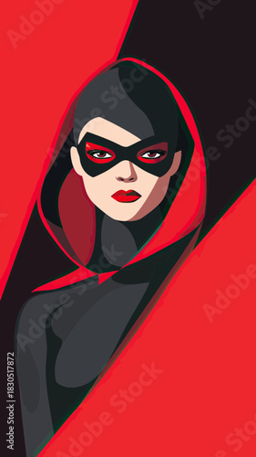 Illustration of confident female superhero in black and red costume with hood and mask minimalist vector art portrait in bold colors