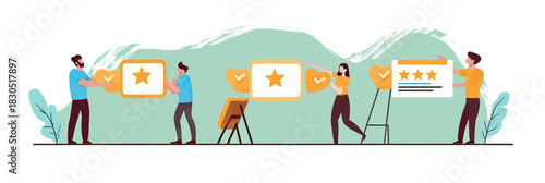 People rating and giving feedback with star review icons and hearts in online customer satisfaction or product evaluation concept with diverse characters vector illustration