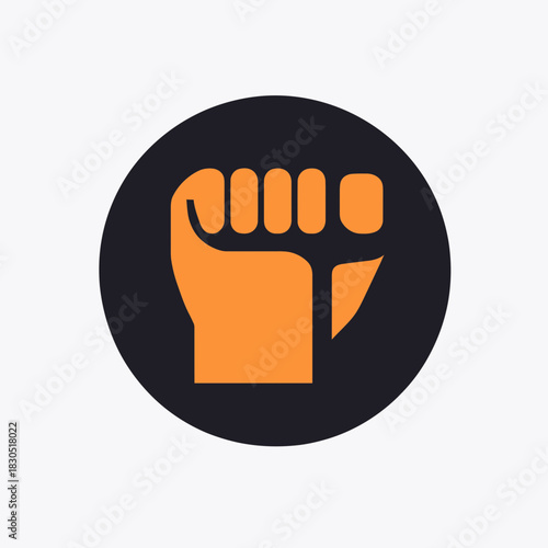 Raised fist silhouette icon in flat minimalist style emblem symbolizing power strength unity protest and resistance vector illustration design in orange and black circular background