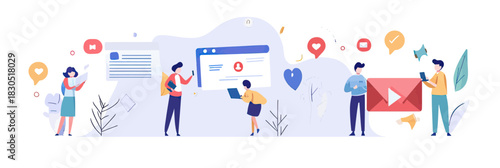 Flat minimalist vector illustration of diverse people using social media platforms with icons, messages, video content, and marketing communication symbols on white background