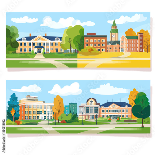 Flat minimalist vector illustration of educational campus buildings including school, university, and college surrounded by trees and pathways under blue sky with clouds in autumn and spring seasons