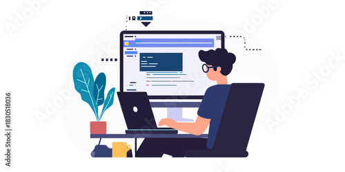 Person programming on laptop and desktop computer with coding interface in minimalist flat vector design workspace with plant and coffee cup