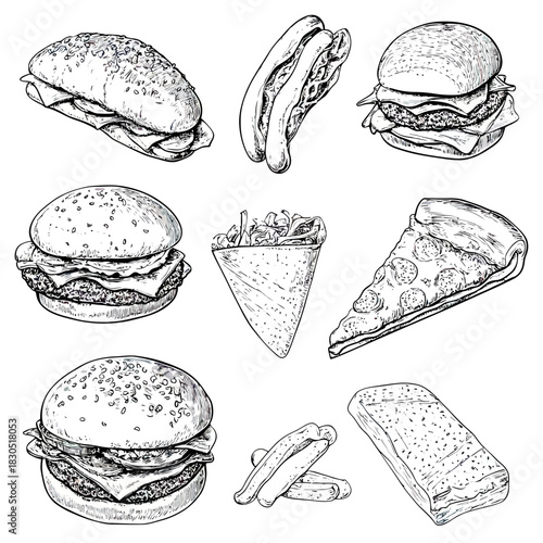 Hand drawn fast food assortment with burgers hot dogs sandwich pizza slice and wrap detailed sketch style vector illustration collection for menu or icon design
