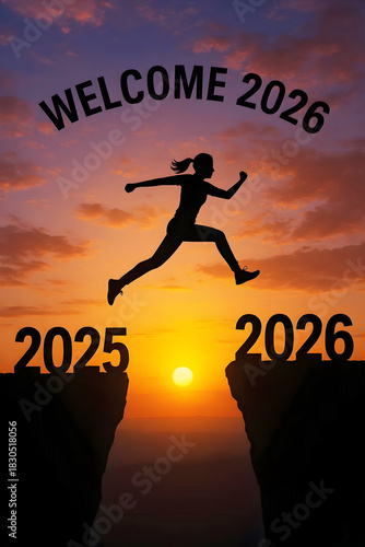 Welcome 2026 – Woman Jumping Between Cliffs from 2025 to 2026, Sunset Background