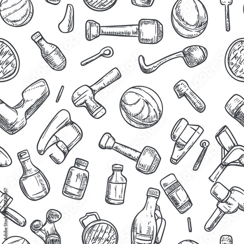 Seamless hand drawn sketch pattern of hockey sticks, balls, water bottles, dumbbells and sport accessories in black and white vector illustration