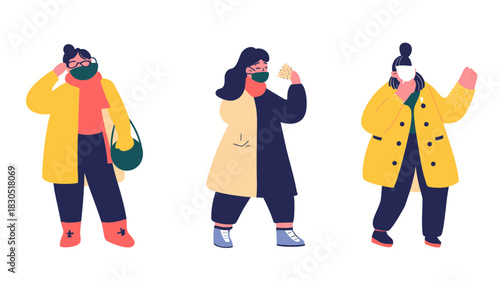 People with cold and flu symptoms using medical masks, sneezing, caring for health, winter clothing, flat vector illustration of illness prevention and respiratory infection awareness