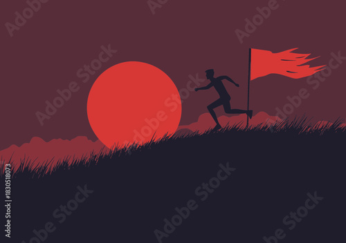 Silhouette of person running uphill towards red flag with large red sunset background challenging achievement success concept vector illustration