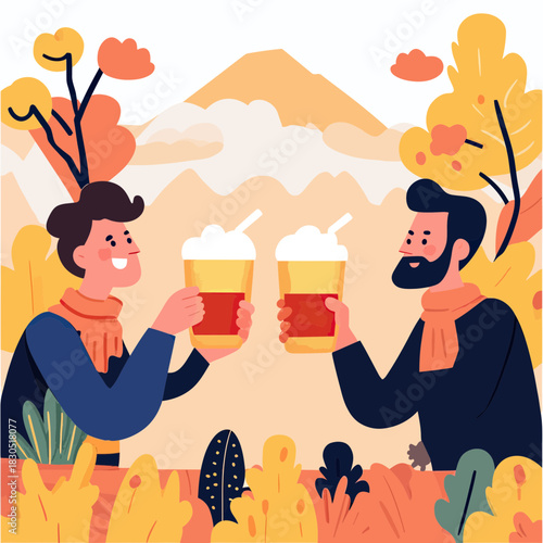 Two men clinking beer glasses with foam outdoors autumn landscape mountain background flat minimalist vector illustration