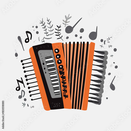Minimalist flat vector illustration of bright orange accordion with black and white keys playing music surrounded by simple gray musical notes and floral ornaments