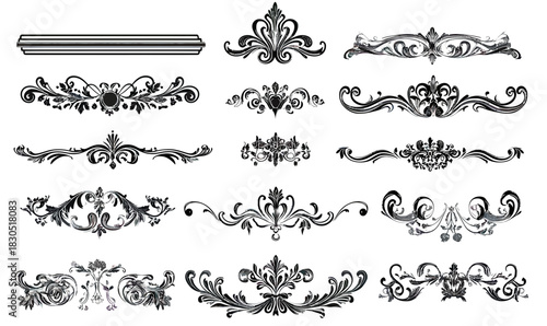 Set of ornate vintage decorative borders and ornamental design elements with intricate floral and scroll patterns in black silhouette style for elegant frame decoration