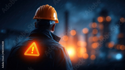 Safety awareness worker in safety gear industrial site image nighttime focused on work promoting safety culture