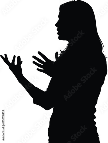 Silhouette of a woman speaking and gesturing with both hands