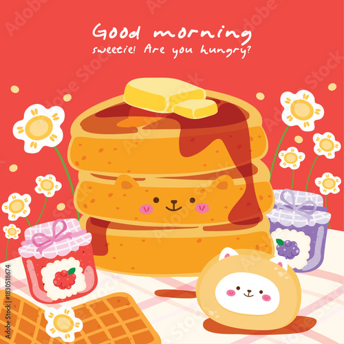 A sweet stack of pancake animals, dripping syrup and butter, welcomes the morning with cute jams and cozy breakfast vibes.