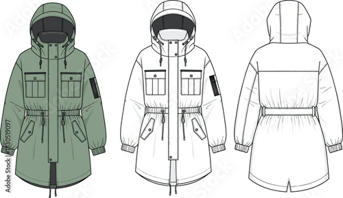 “Hooded parka jacket technical fashion flat sketch with cargo pockets, drawstring waist and sleeve details, CAD garment vector illustration”
