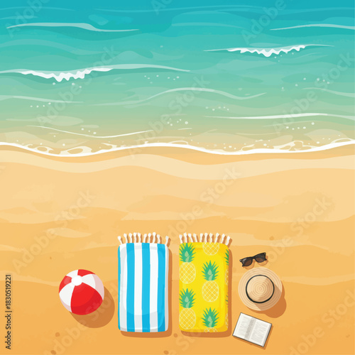 Overhead view of a beach scene with towels, accessories, and ocean waves.