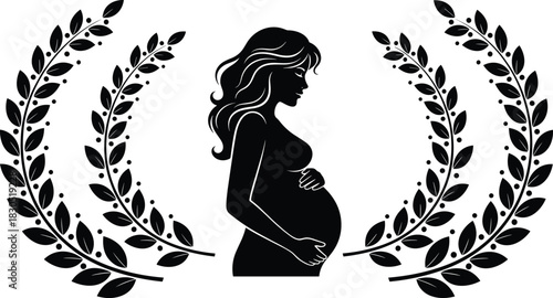 Beautiful silhouette of pregnant woman with decorative laurel leaves, maternity illustration symbolizing motherhood, femininity, pregnancy care and natural beauty