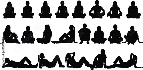 Silhouettes of people sitting and relaxing in various poses, collection of human figures for design, illustration, posture study and creative projects