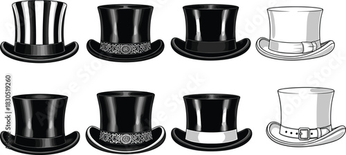 Elegant collection of vintage top hats in black and white, stylish formal headwear illustration for fashion design, costume accessories, and decoration