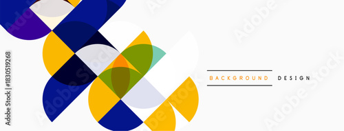 Abstract geometric shapes overlap, creating vibrant color composition. White space dominates design, offering clean aesthetic.