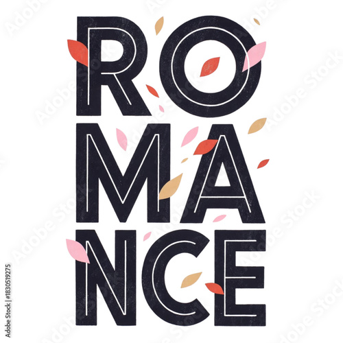 Bold typography spelling romance surrounded by falling autumn leaves on white background