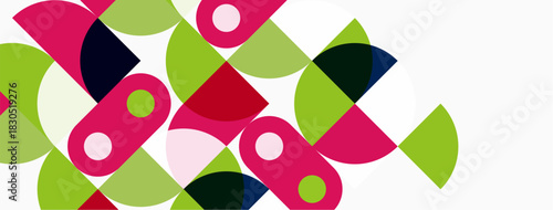 Abstract geometric pattern. Overlapping circles, semicircles create vibrant composition. Pink, green, red hues dominate white background. Modern design.