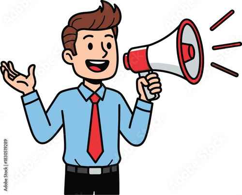 Businessman with megaphone making announcement in cartoon style, promoting message, communication concept illustration for marketing, advertising and public relations