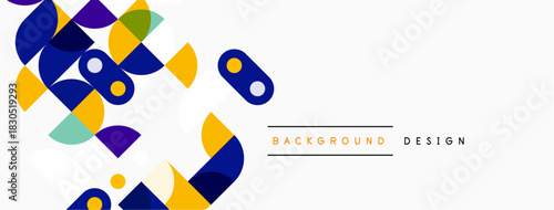 Abstract geometric shapes overlap, creating vibrant background. Blue, purple, yellow dominate design. Minimalist aesthetic.